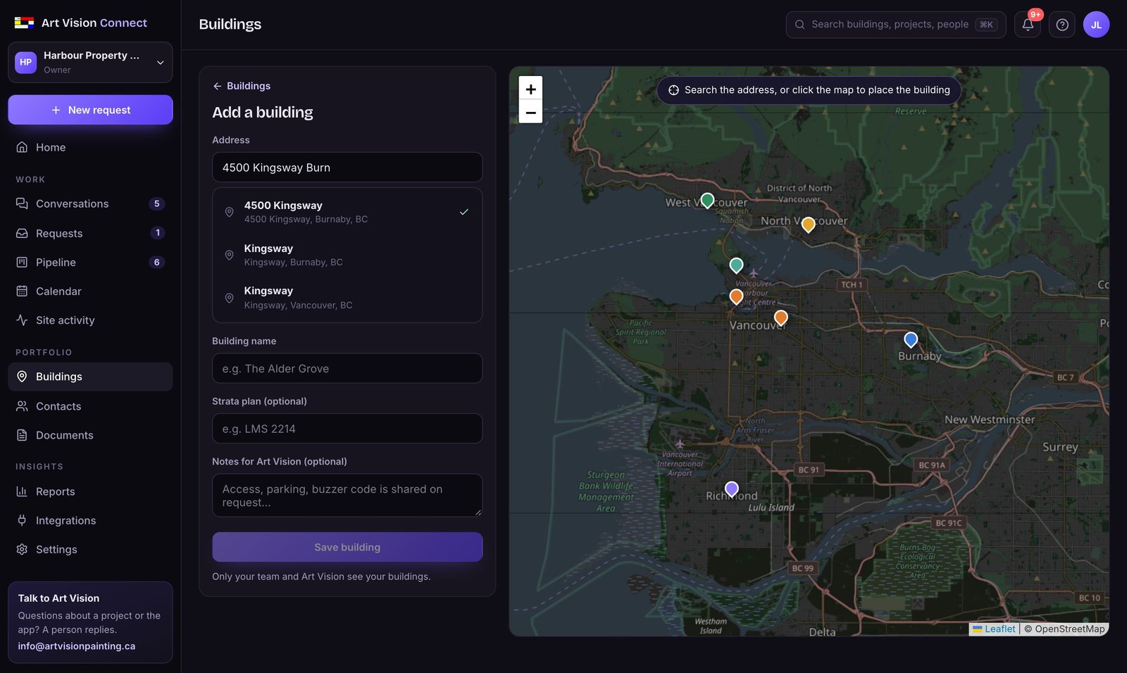 Adding a building by address, with suggestions and the map