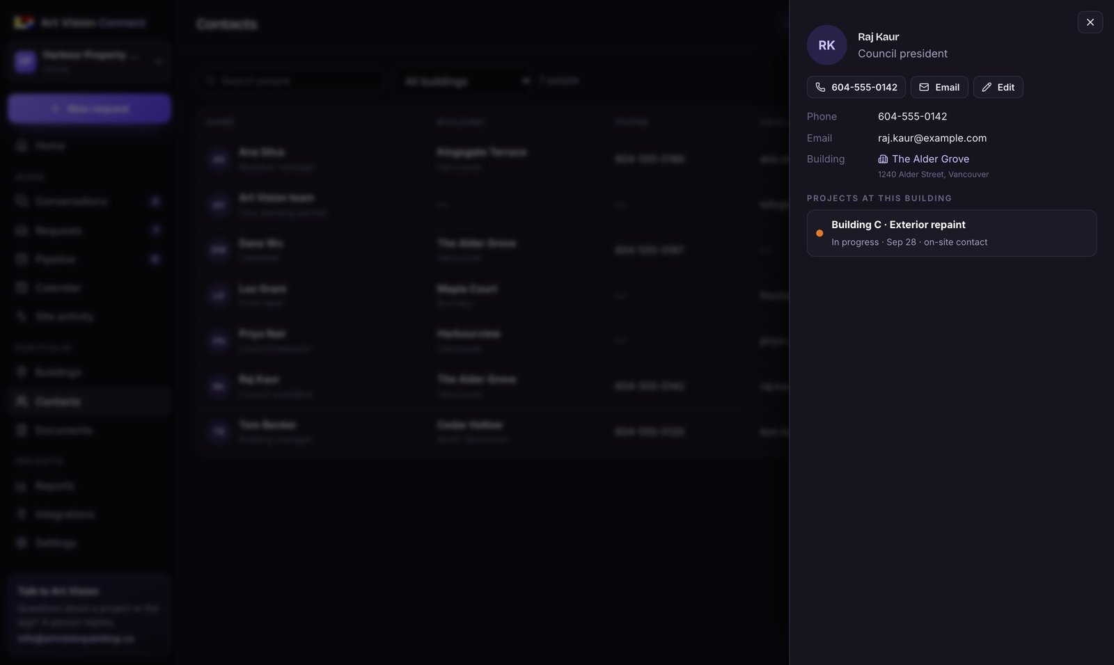 A contact’s profile