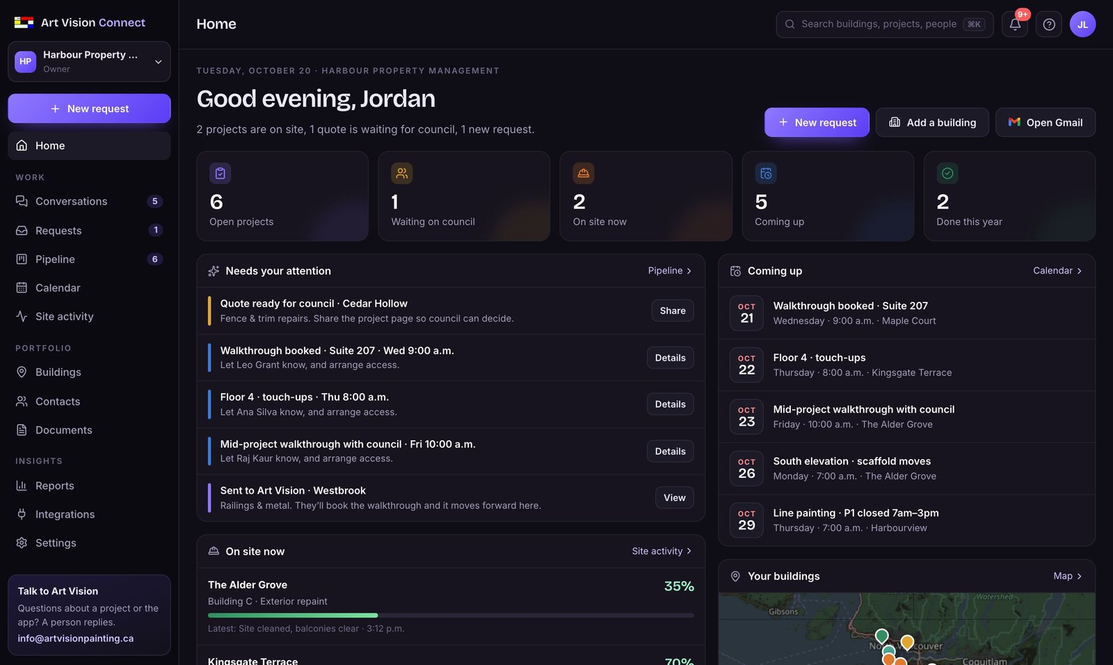 The Connect home screen: open projects, what needs your attention, visits coming up and your buildings on a map