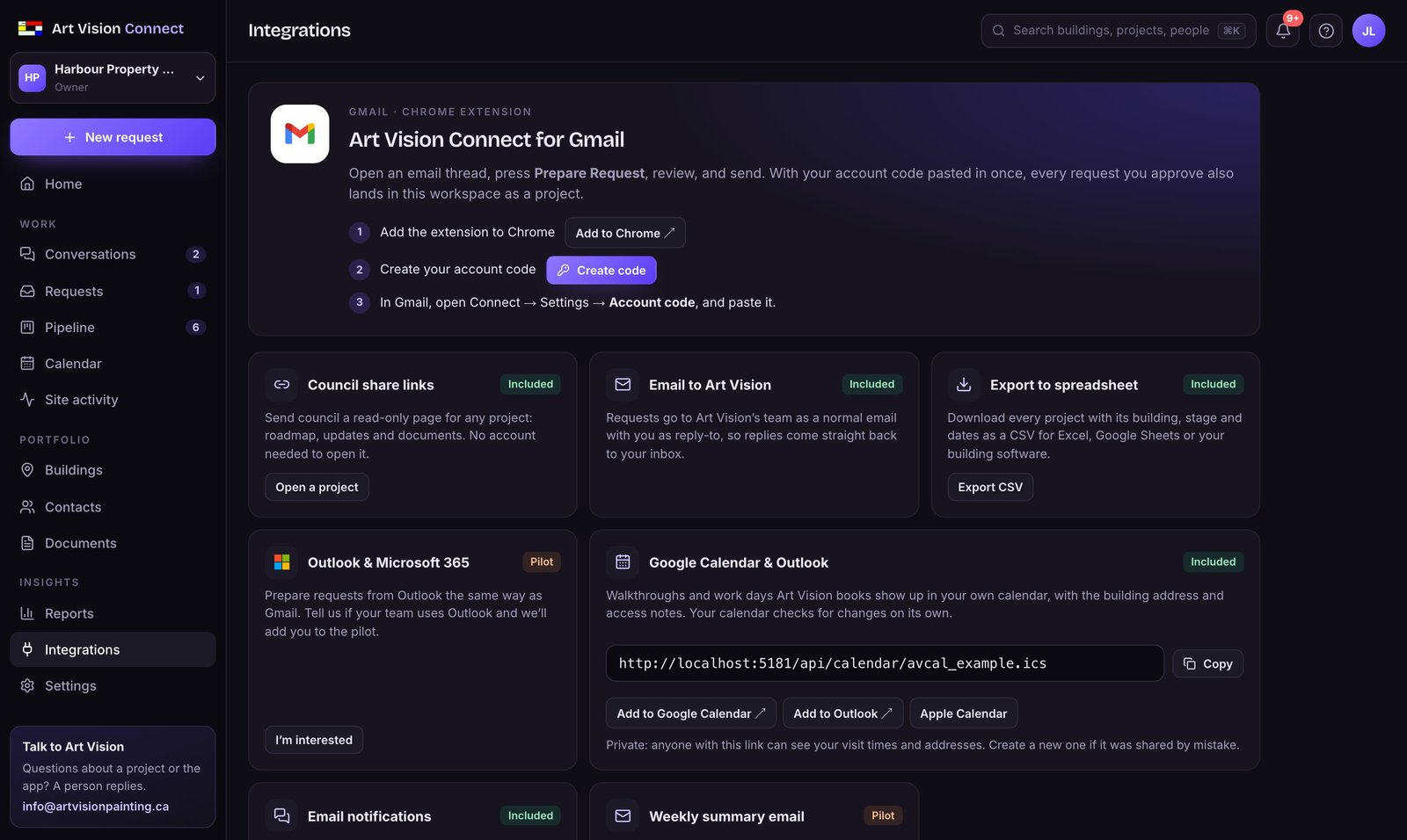 Integrations page
